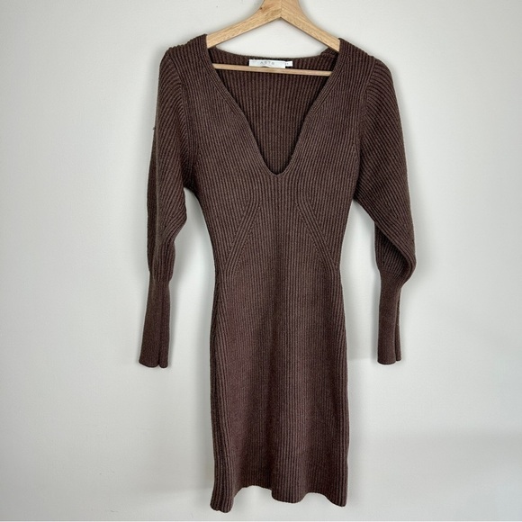 Astr Plunge V-neck Long Sleeve Sweater Dress In Mocha - Picture 4 of 7
